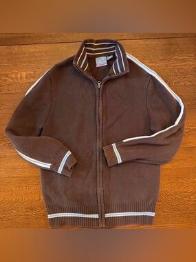 Y2K Aeropostale Brown Zip-Up Sweater with White Stripe Accents